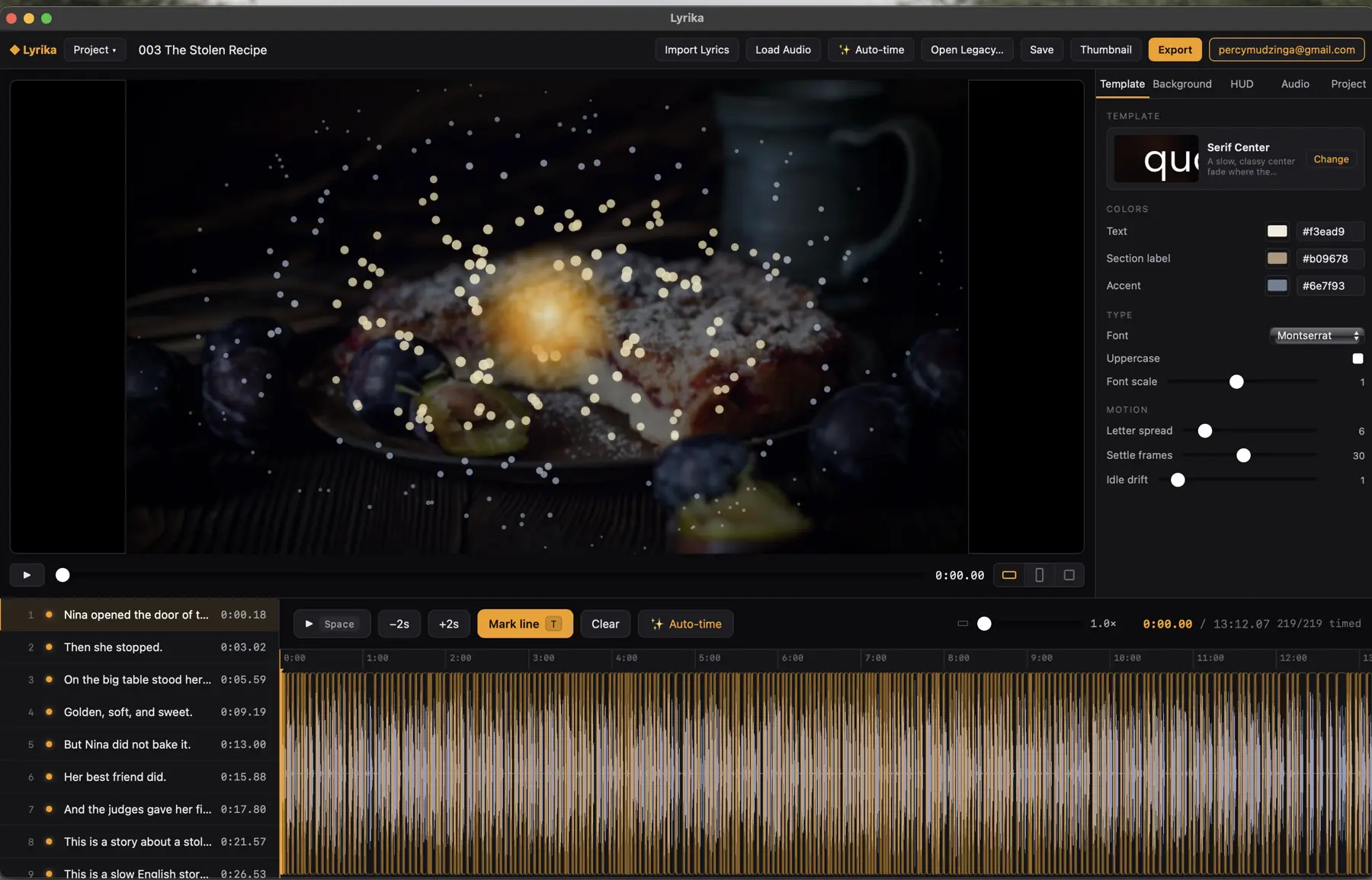 The Lyrika editor: live GPU preview of a styled lyric video, template inspector, lyric list with timings and the audio waveform timeline