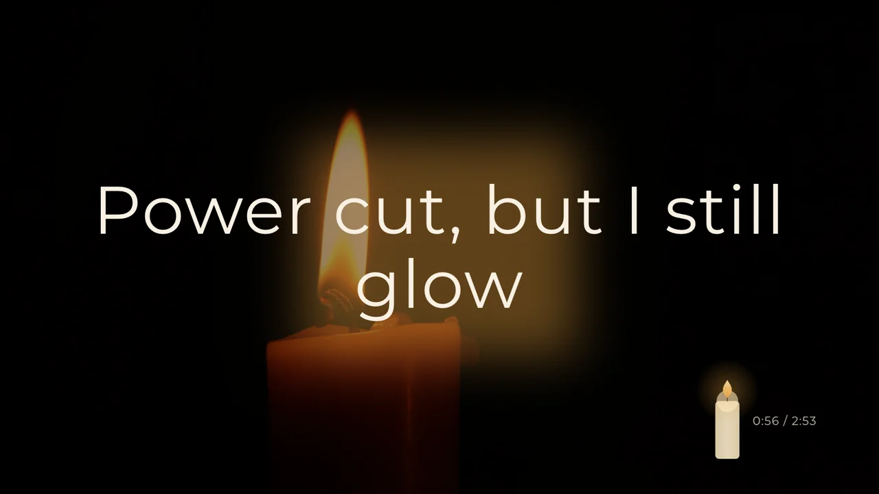 Lyric video frame: warm serif lyrics lit by a single candle on black, with a candle progress indicator